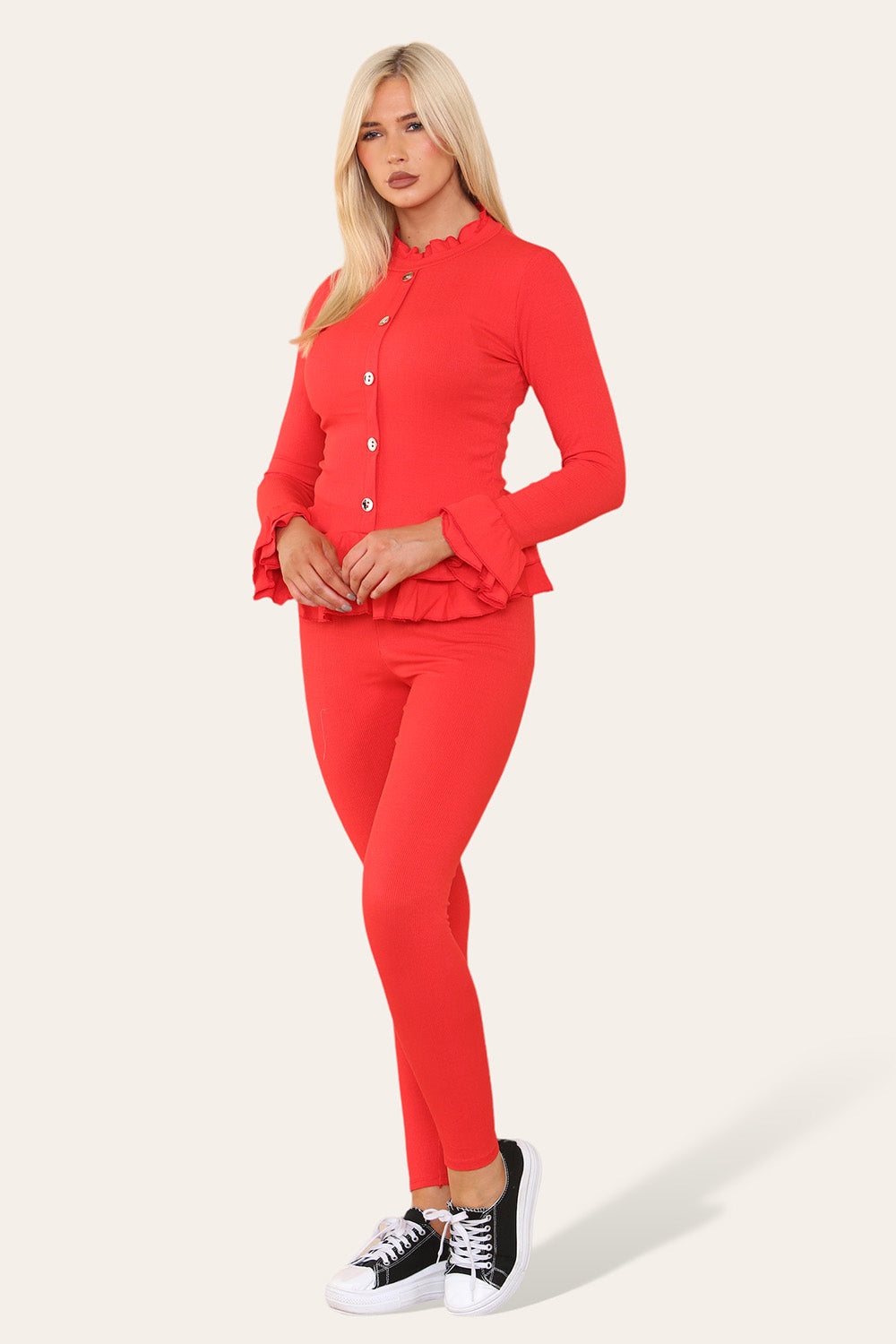 Long Sleeves Peplum Front Buttons Frilled Hem Lounge Wear Set 🇬🇧