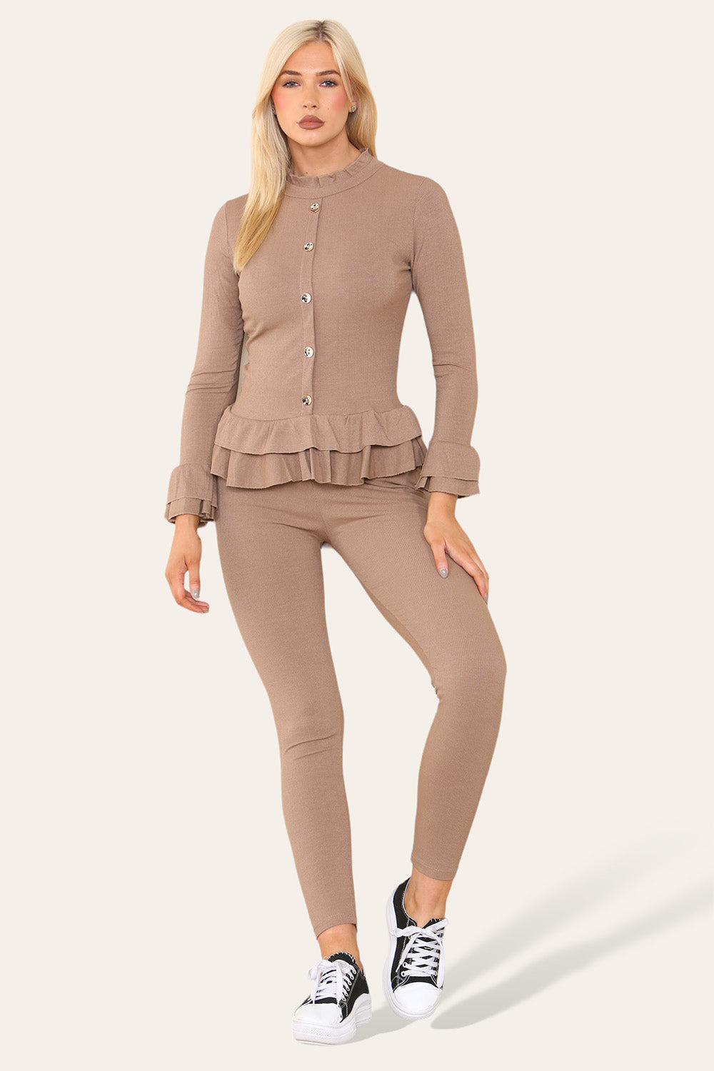 Long Sleeves Peplum Front Buttons Frilled Hem Lounge Wear Set 🇬🇧