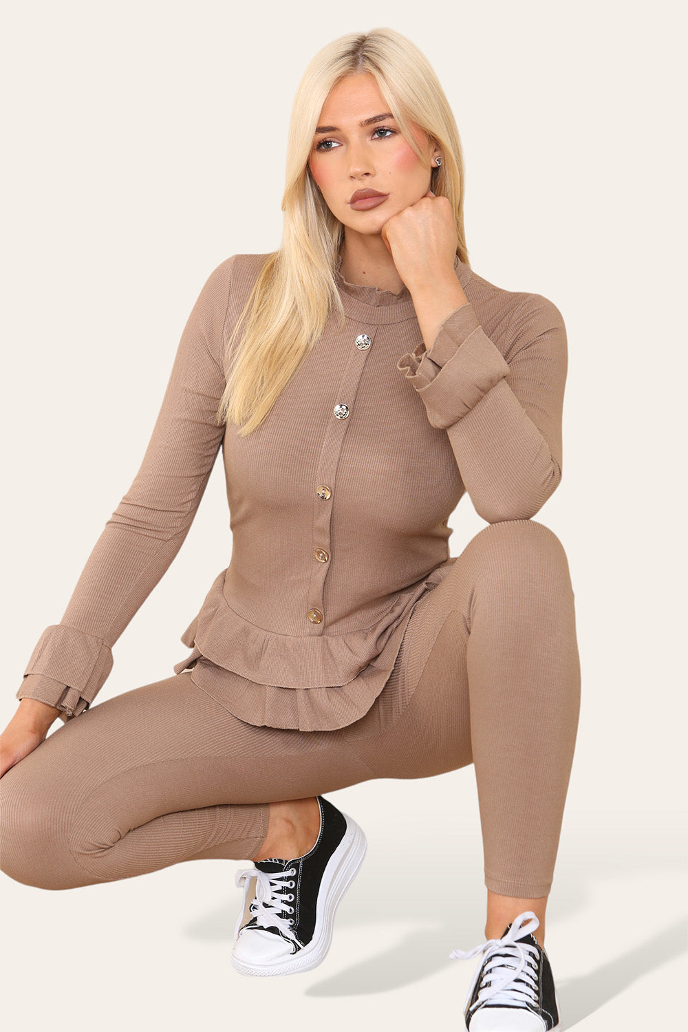 Long Sleeves Peplum Front Buttons Frilled Hem Lounge Wear Set 🇬🇧