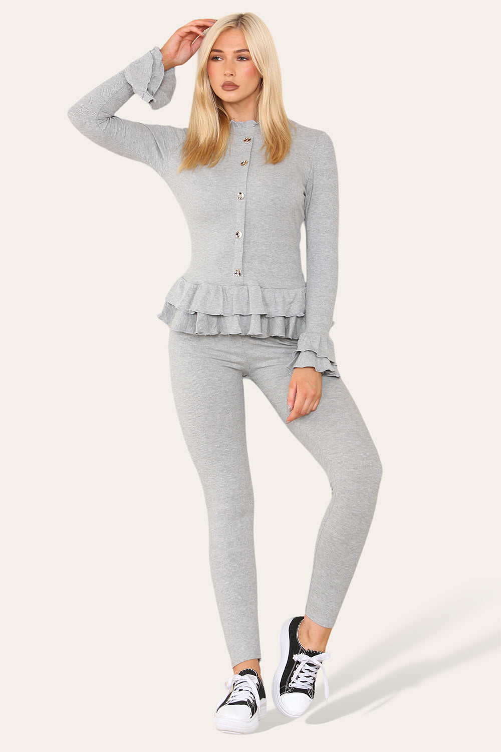 Long Sleeves Peplum Front Buttons Frilled Hem Lounge Wear Set 🇬🇧