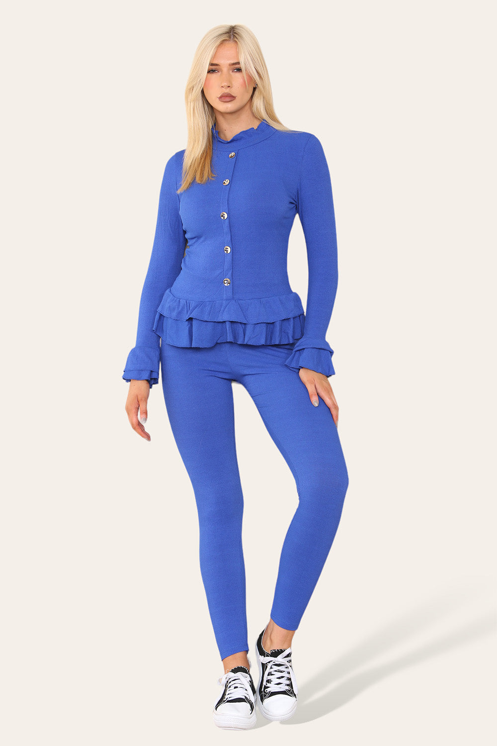 Long Sleeves Peplum Front Buttons Frilled Hem Lounge Wear Set 🇬🇧