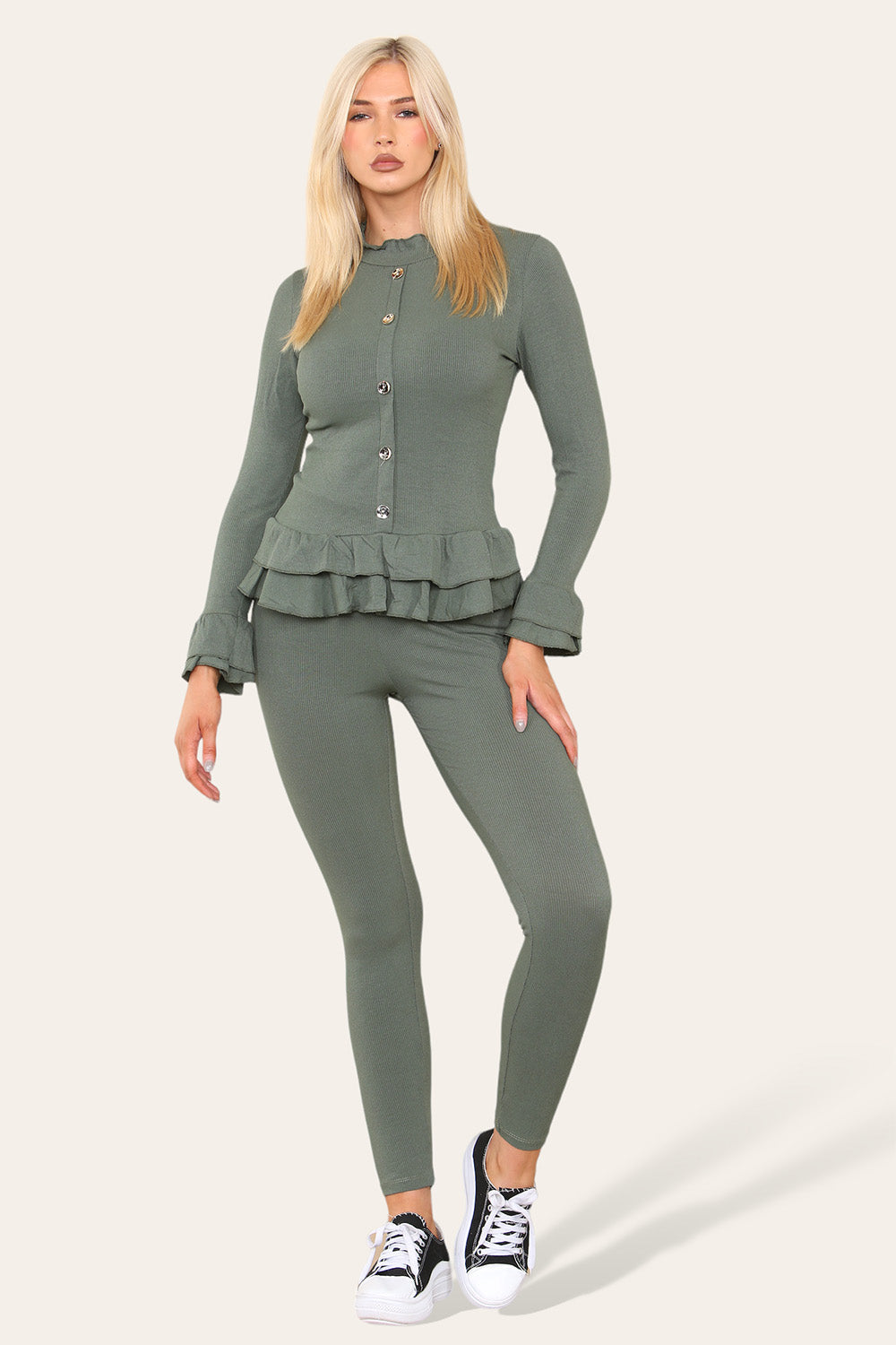Long Sleeves Peplum Front Buttons Frilled Hem Lounge Wear Set 🇬🇧