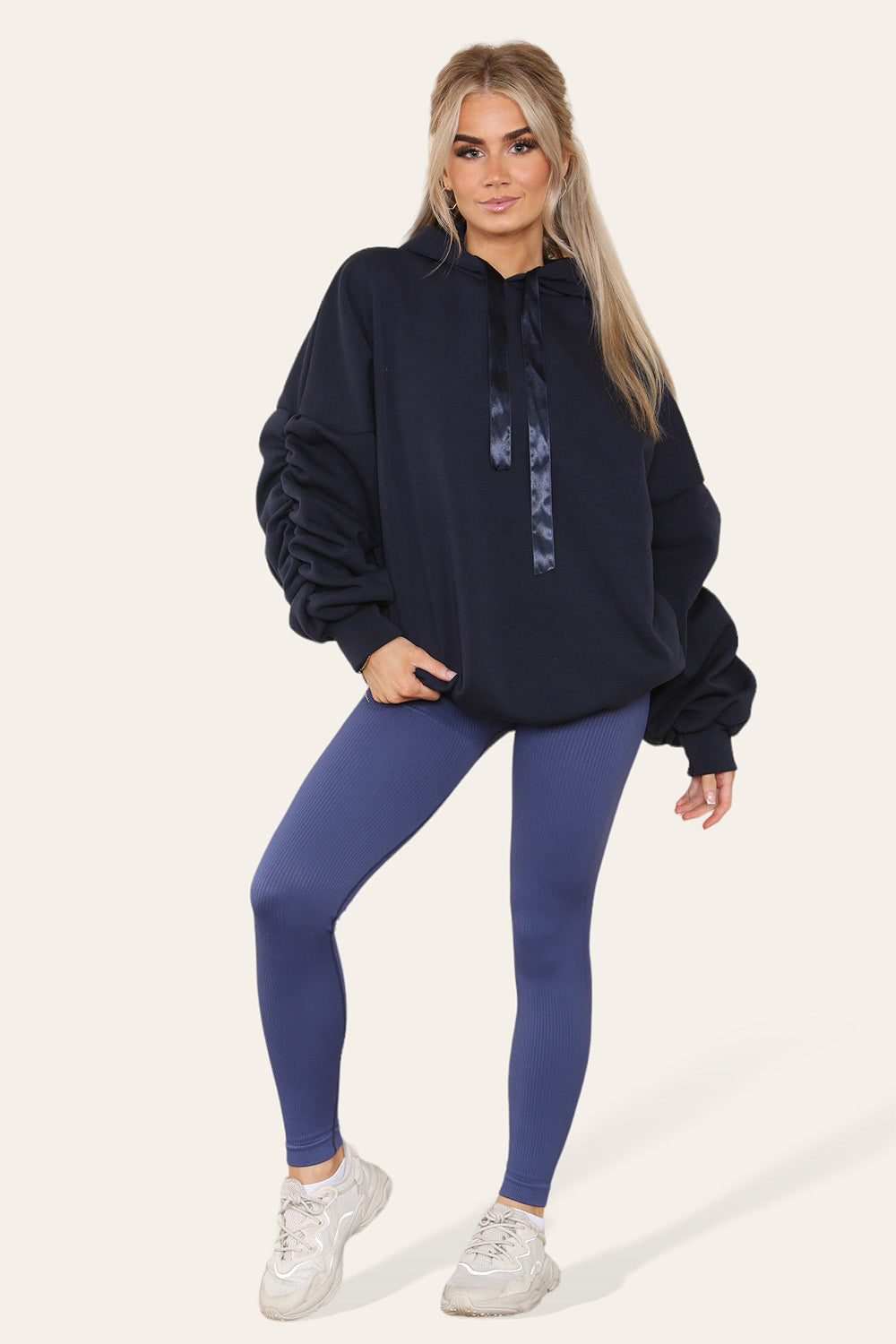 Plus Size Ruched Sleeves Hoodie With Satin Ribbon Legging Set 🇬🇧