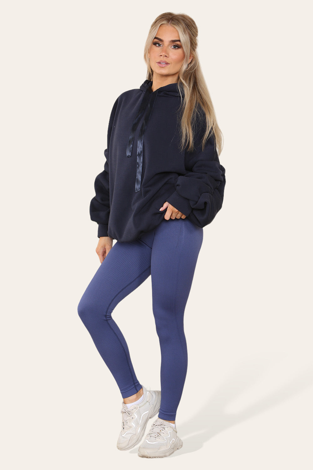 Plus Size Ruched Sleeves Hoodie With Satin Ribbon Legging Set 🇬🇧