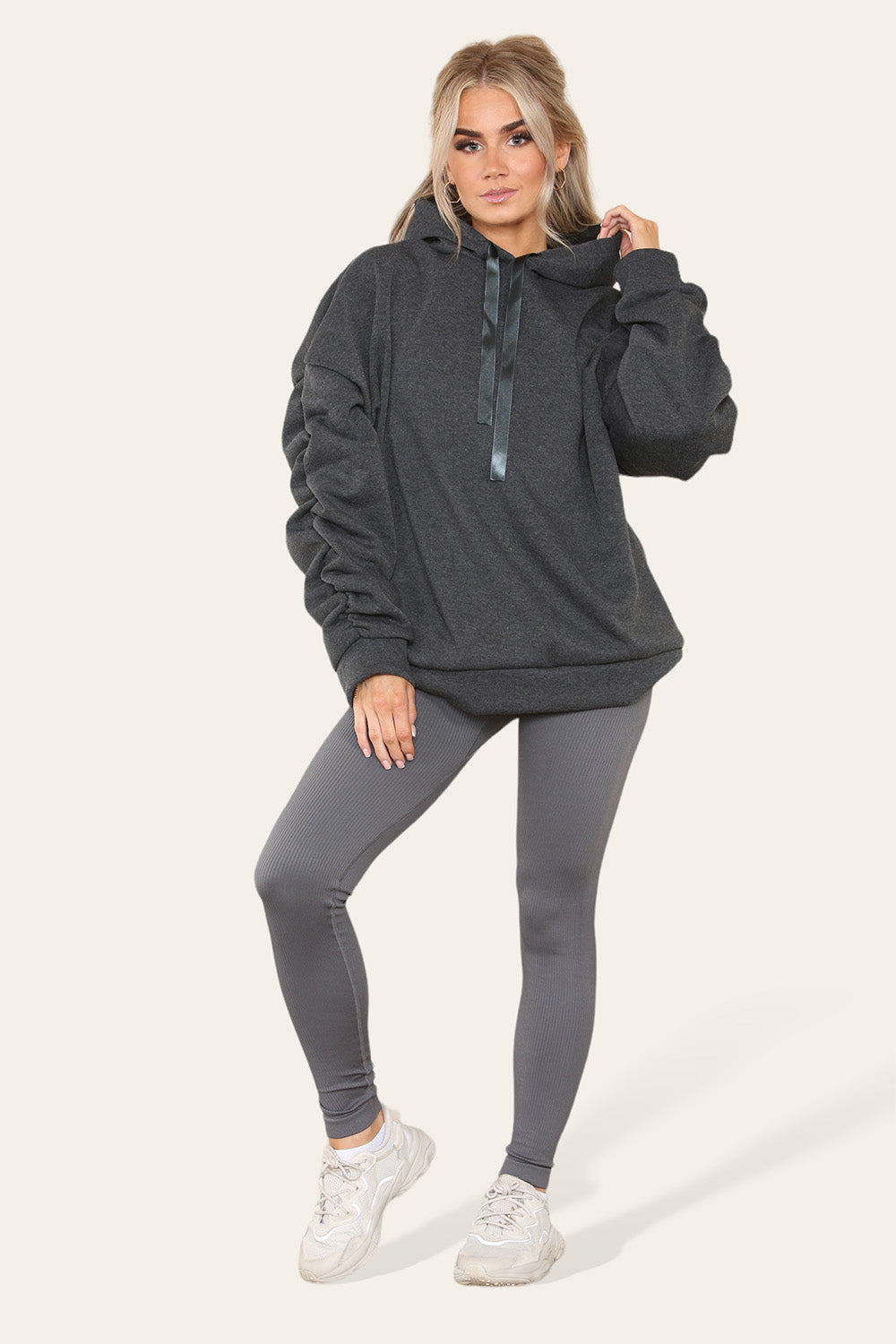 Plus Size Ruched Sleeves Hoodie With Satin Ribbon Legging Set 🇬🇧