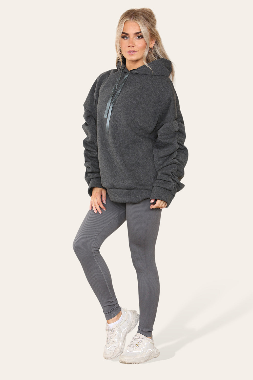 Plus Size Ruched Sleeves Hoodie With Satin Ribbon Legging Set 🇬🇧