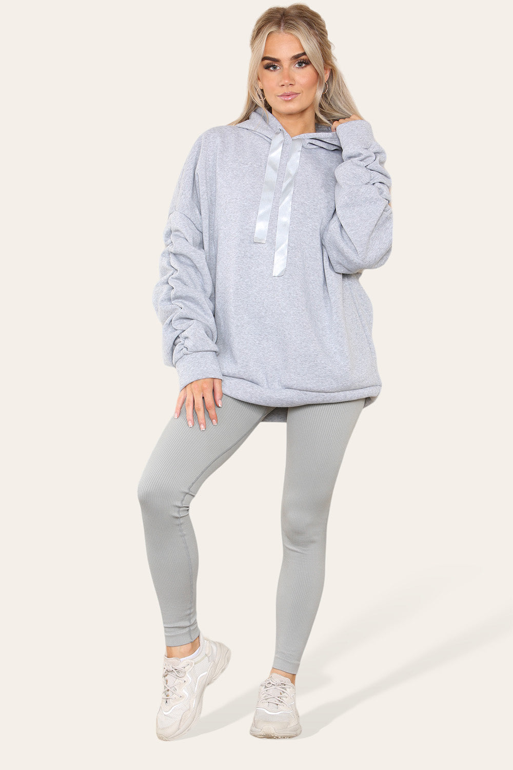 Plus Size Ruched Sleeves Hoodie With Satin Ribbon Legging Set 🇬🇧