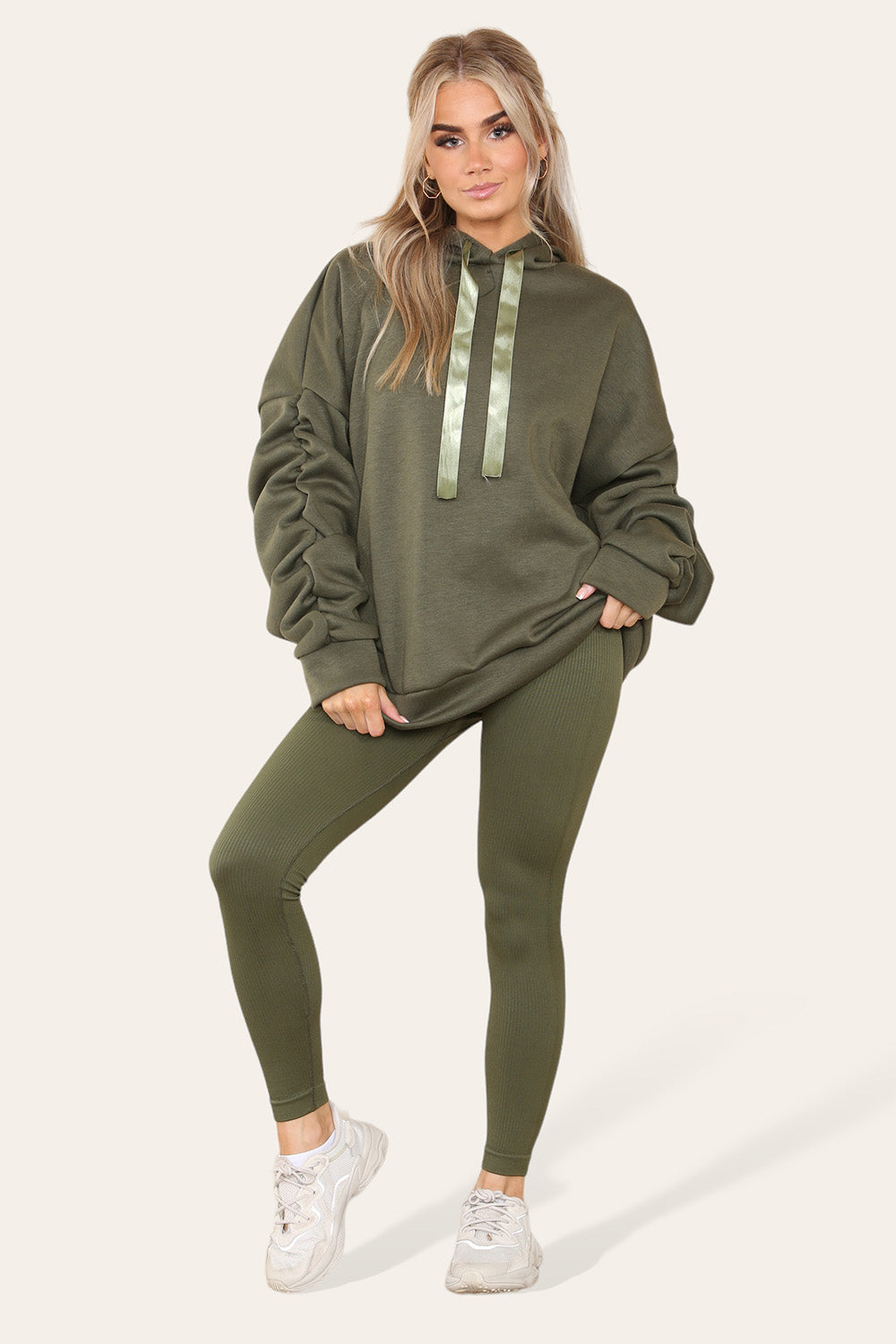 Plus Size Ruched Sleeves Hoodie With Satin Ribbon Legging Set 🇬🇧