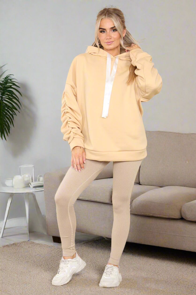 Plus Size Ruched Sleeves Hoodie With Satin Ribbon Legging Set 🇬🇧