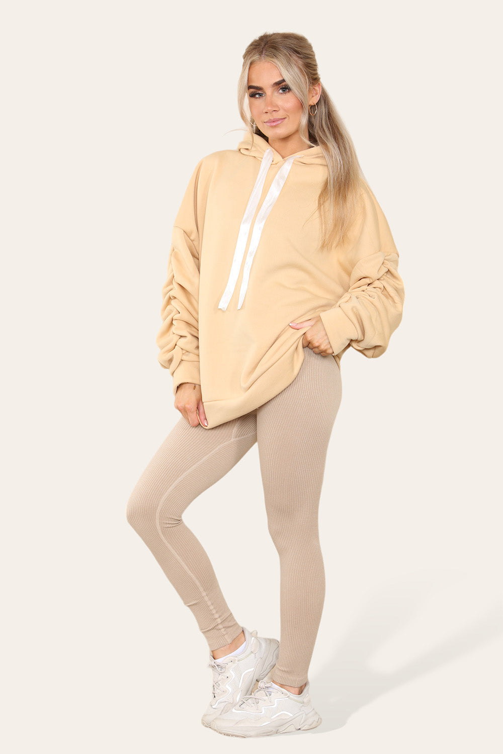 Plus Size Ruched Sleeves Hoodie With Satin Ribbon Legging Set 🇬🇧