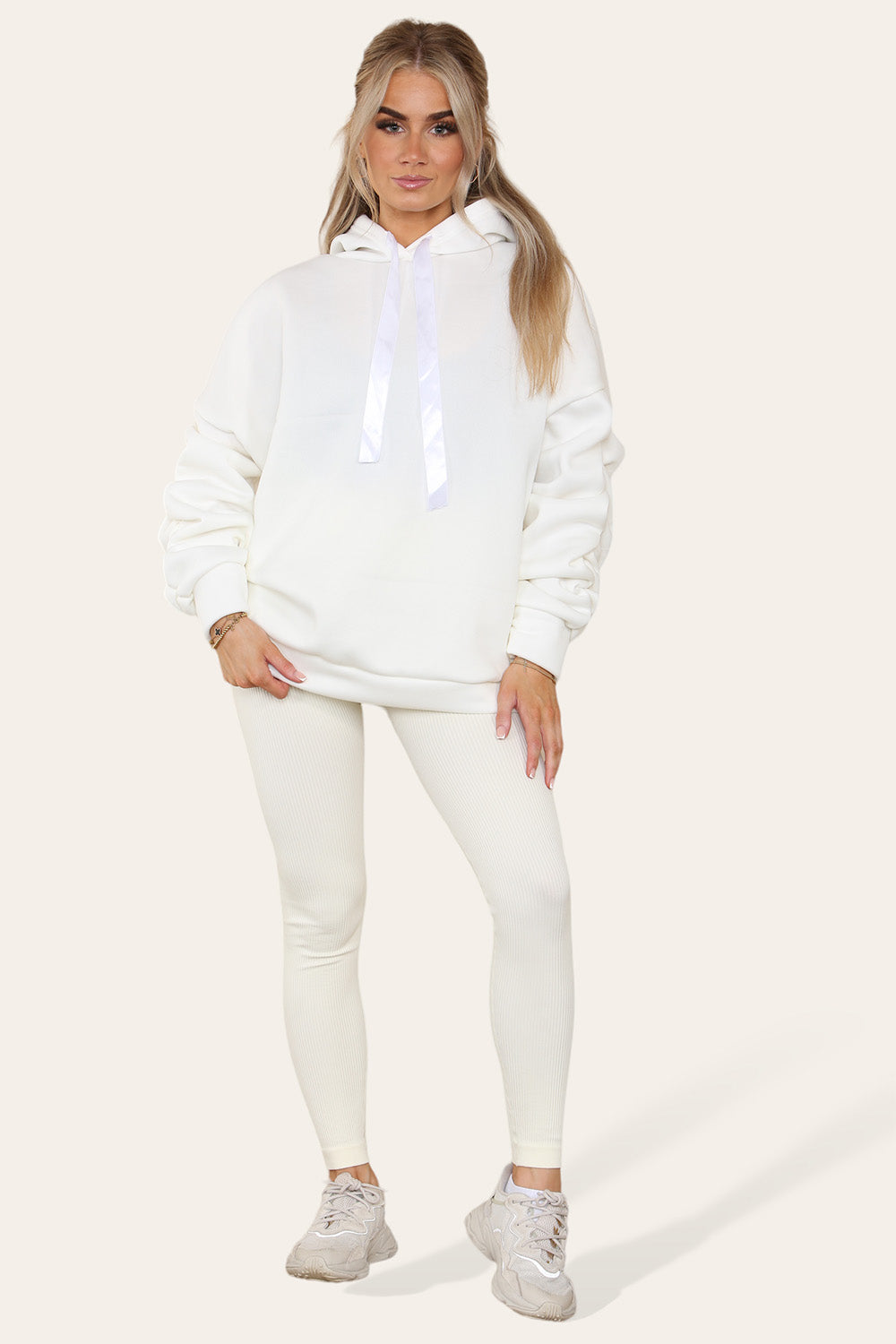 Plus Size Ruched Sleeves Hoodie With Satin Ribbon Legging Set 🇬🇧