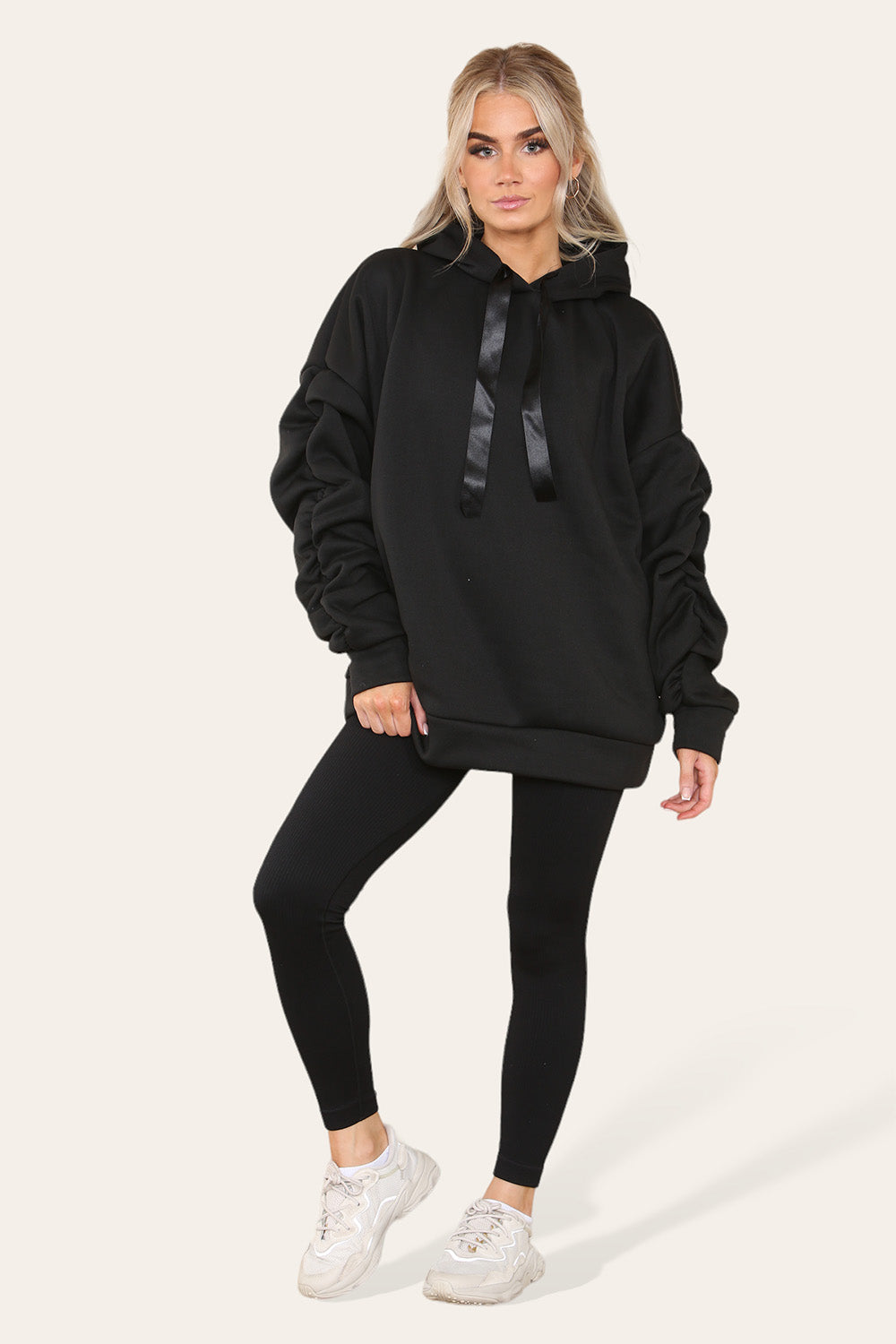Oversized Ruched Sleeves Hoodie With Satin Ribbon with High Waist High Rise Seamless Ribbed Legging Set 🇬🇧