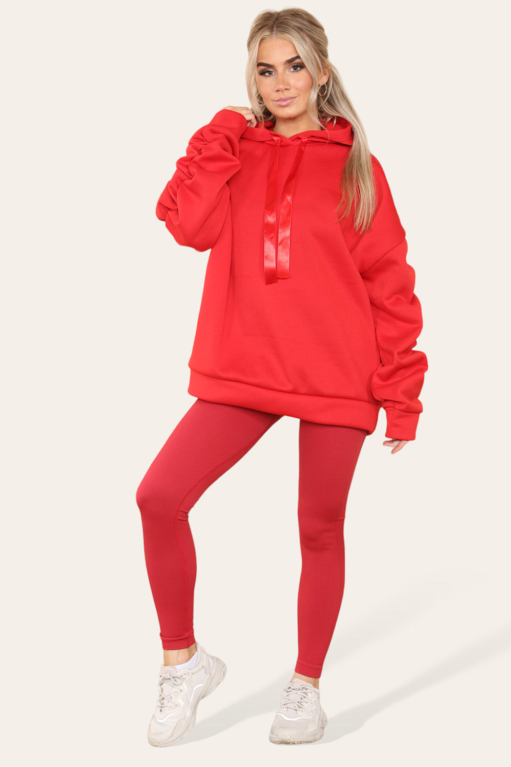 Plus Size Ruched Sleeves Hoodie With Satin Ribbon Legging Set 🇬🇧