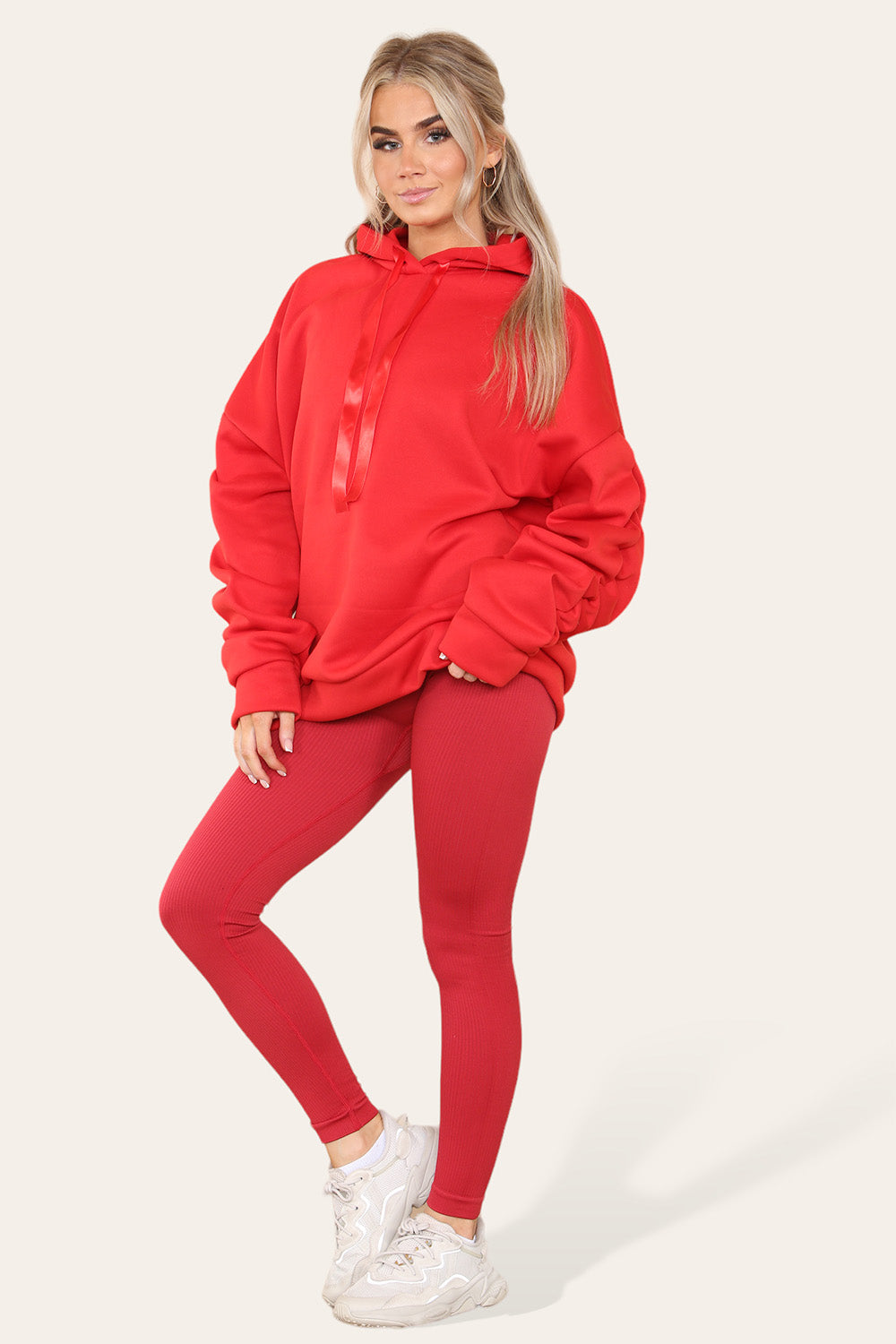 Plus Size Ruched Sleeves Hoodie With Satin Ribbon Legging Set 🇬🇧
