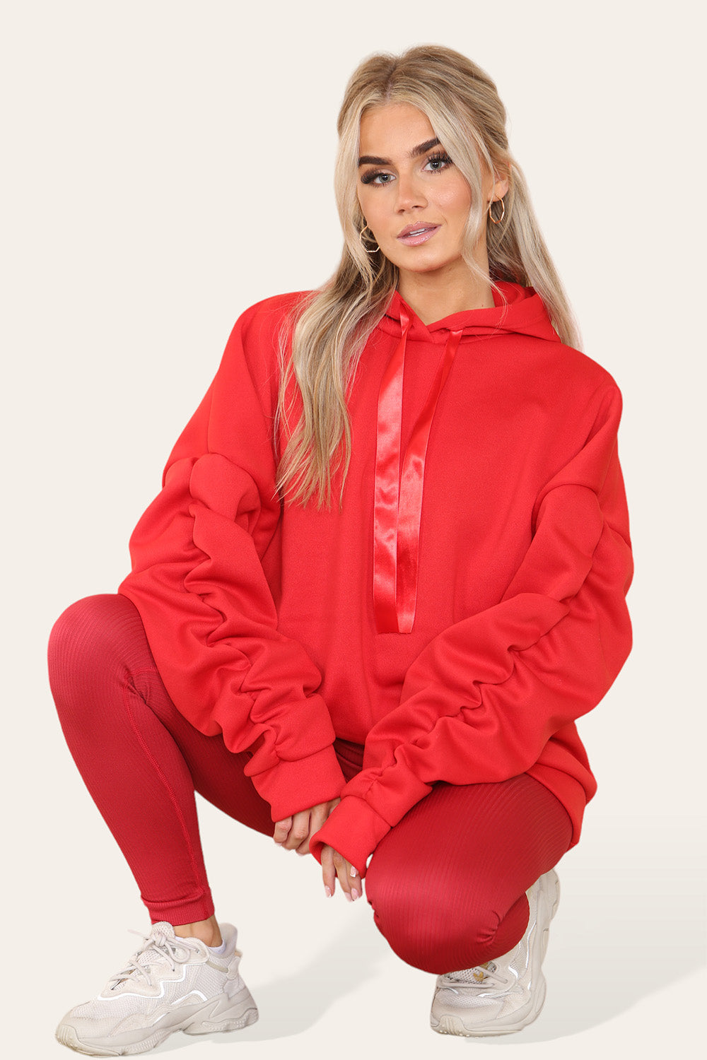 Plus Size Ruched Sleeves Hoodie With Satin Ribbon Legging Set 🇬🇧