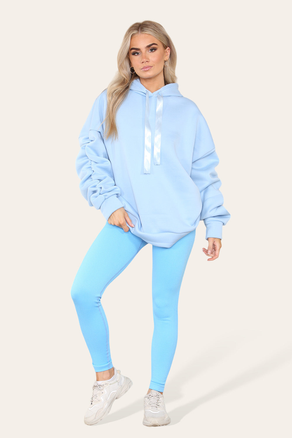 Plus Size Ruched Sleeves Hoodie With Satin Ribbon Legging Set 🇬🇧