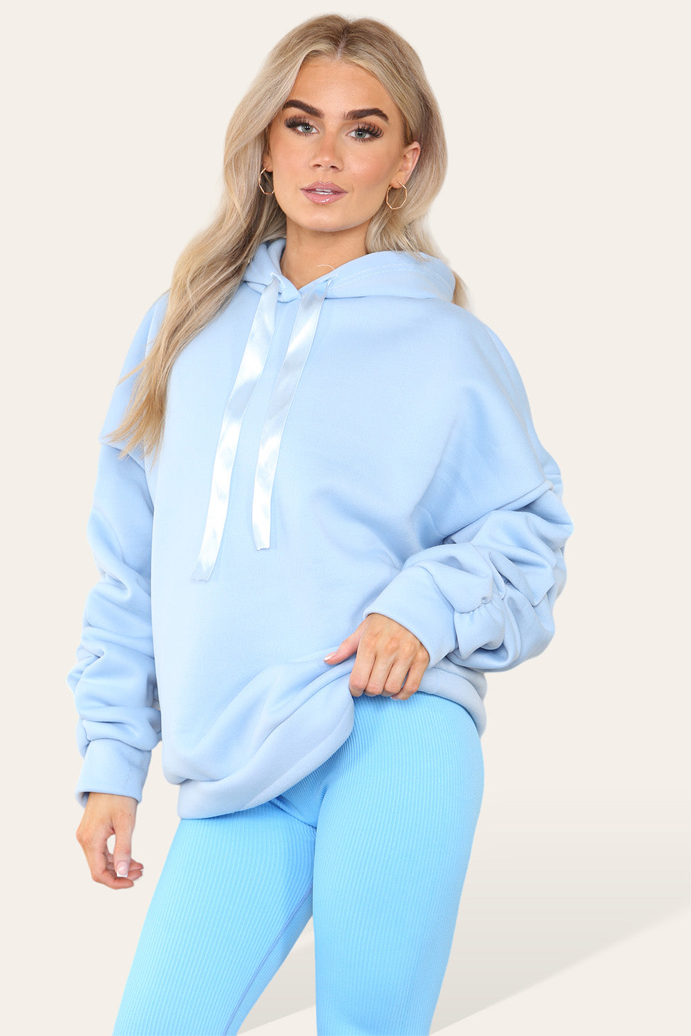 Plus Size Ruched Sleeves Hoodie With Satin Ribbon Legging Set 🇬🇧