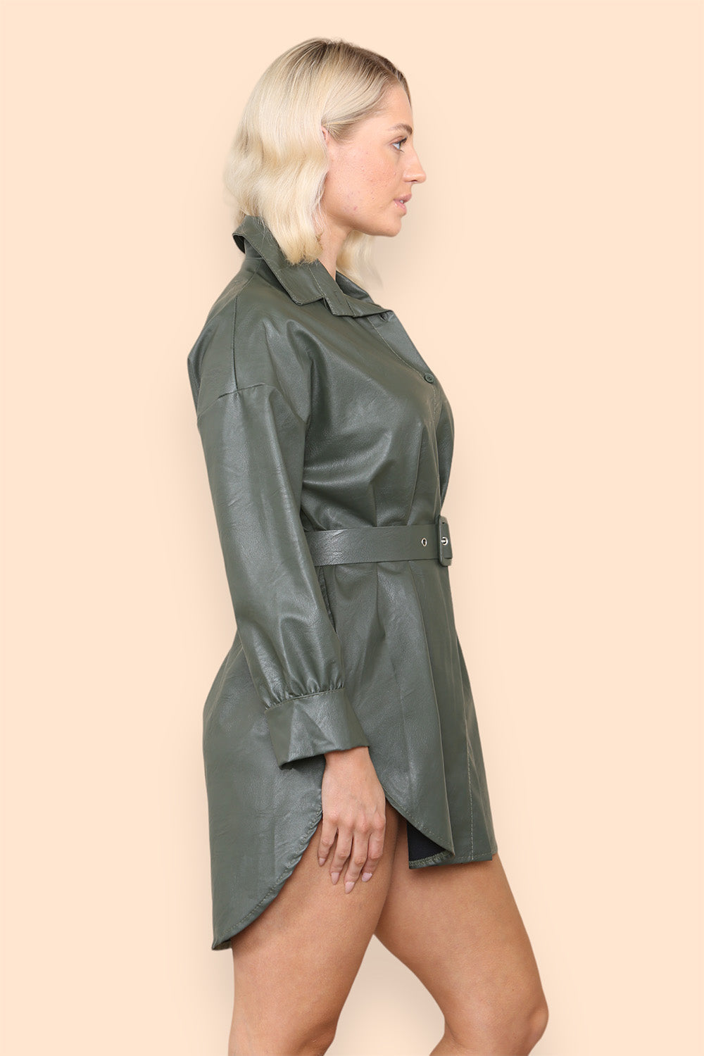 PU Faux Leather Belted Wet Look Shirt Dress 🇬🇧