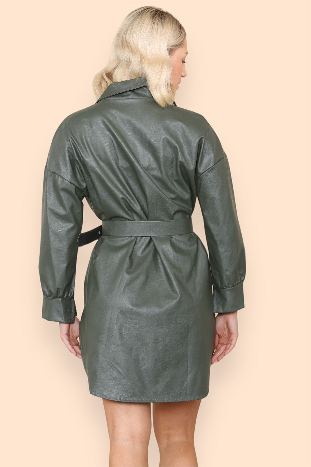 PU Faux Leather Belted Wet Look Shirt Dress 🇬🇧