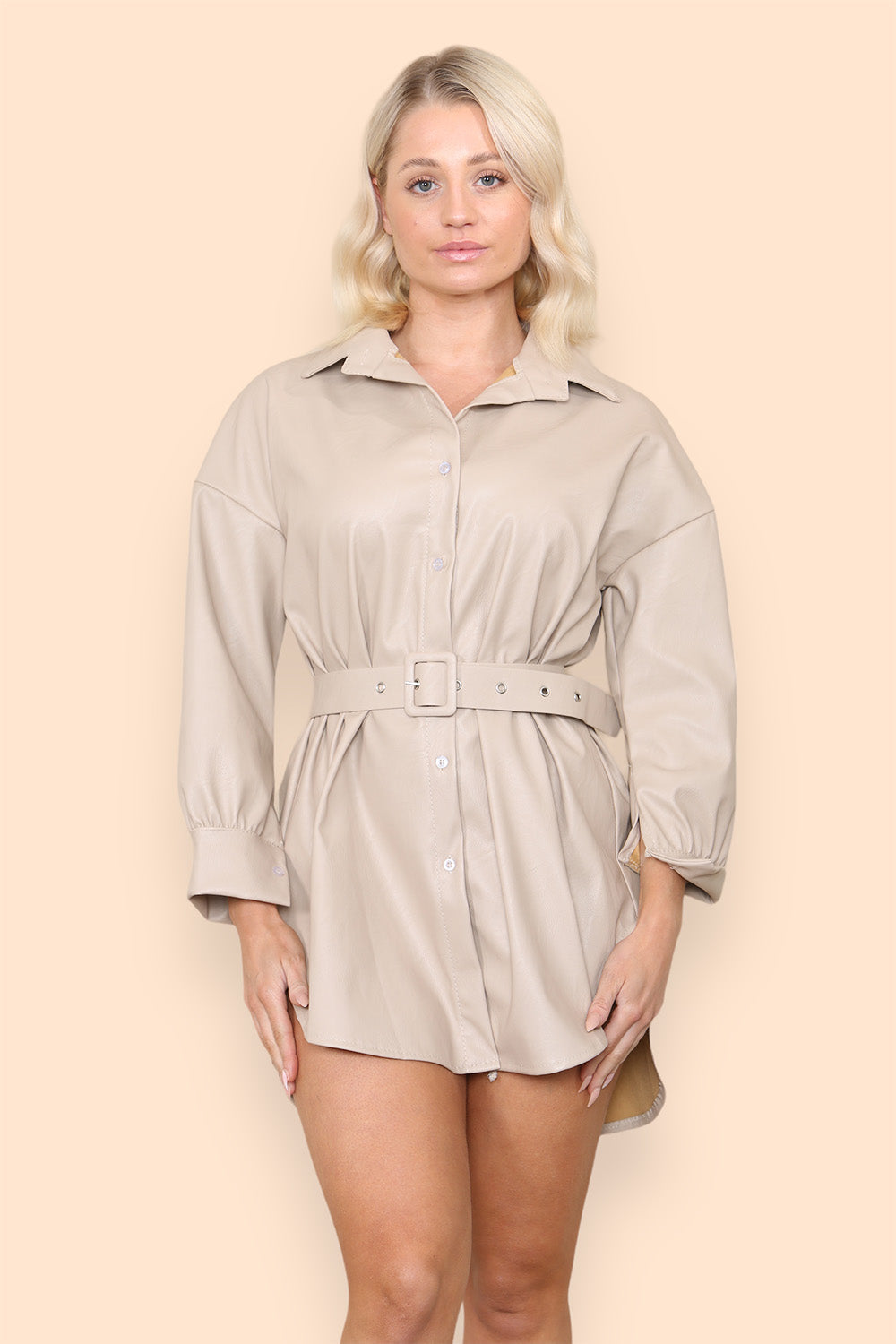 PU Faux Leather Belted Wet Look Shirt Dress 🇬🇧