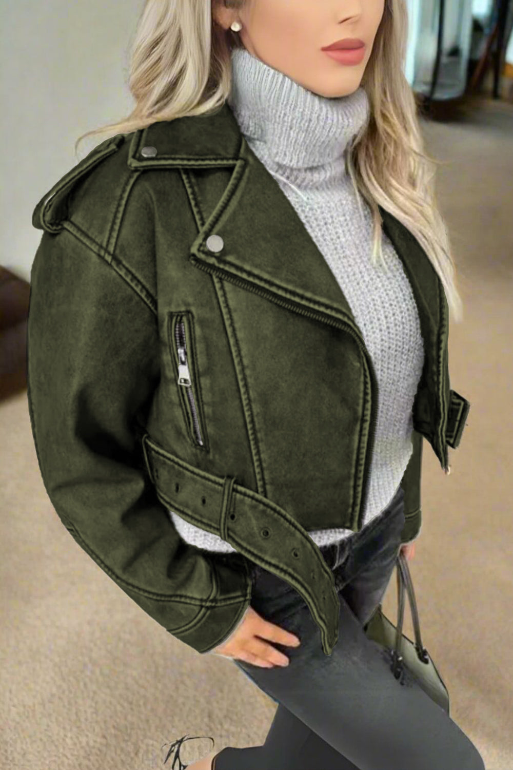 PU Faux Leather Biker Belt Jacket Outwear 🇬🇧