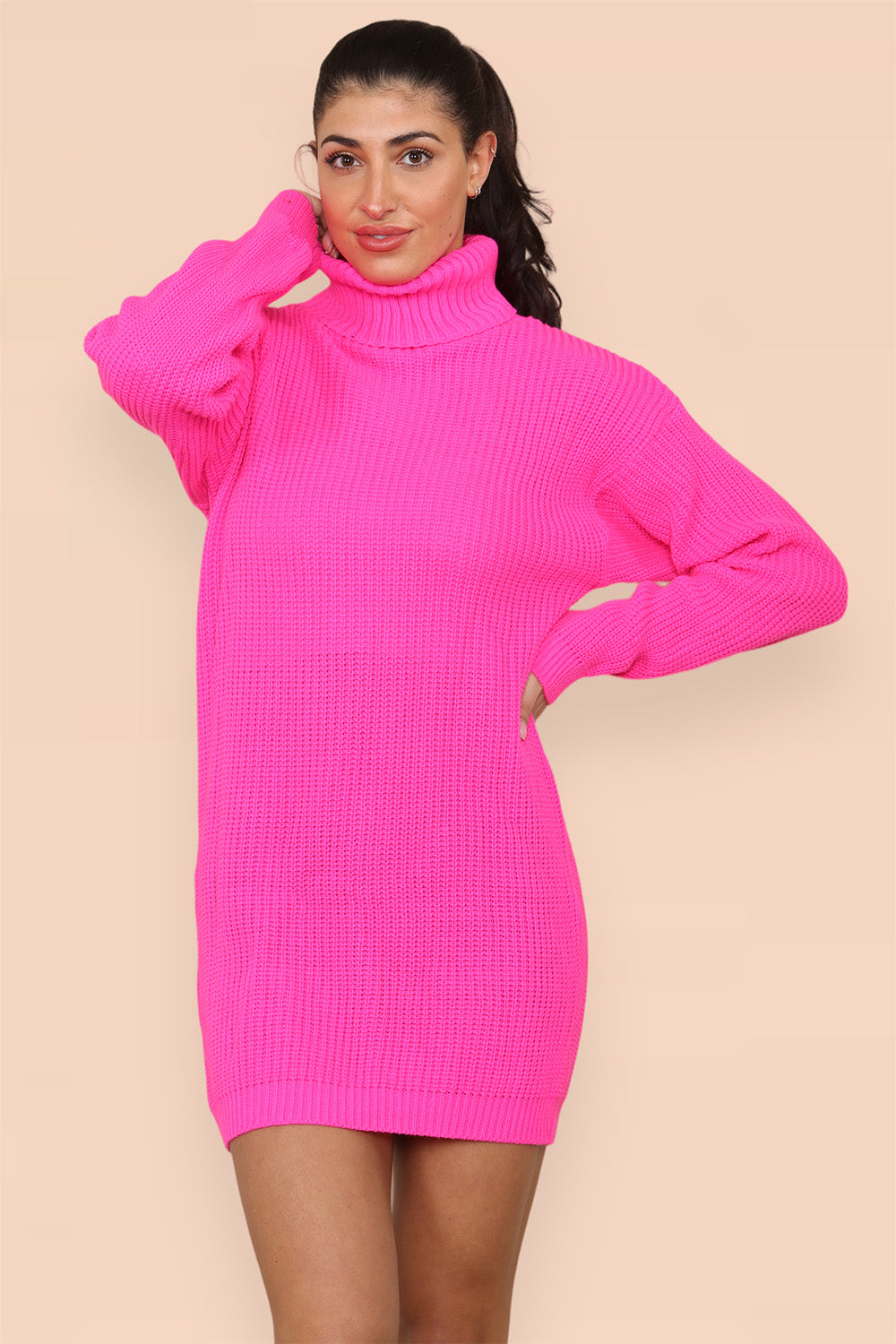 Polo Roll Neck Over Sized Ribbed Knitted Florescent Chunky Sweater Jumper Dress 🇬🇧