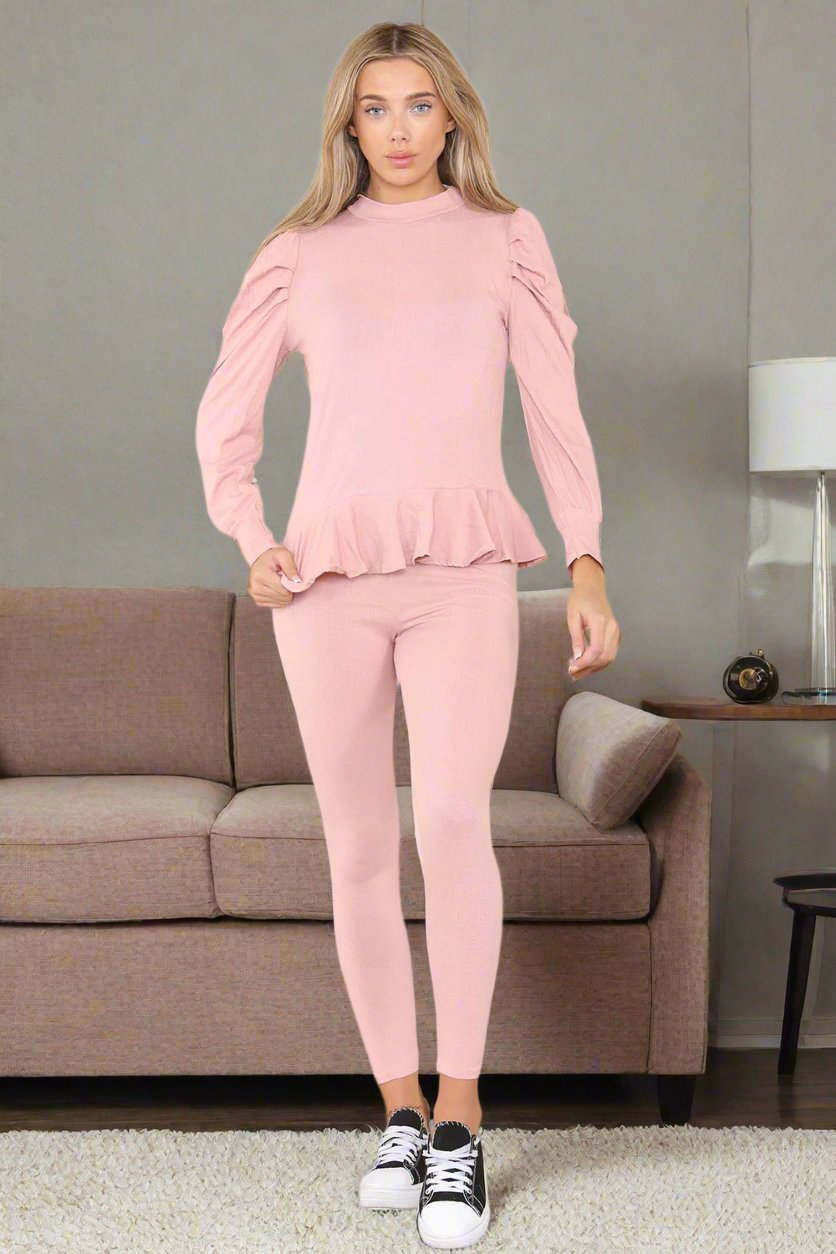 Puff Sleeves Set Frill Hem Peplum Ribbed Lounge Wear Suit 🇬🇧