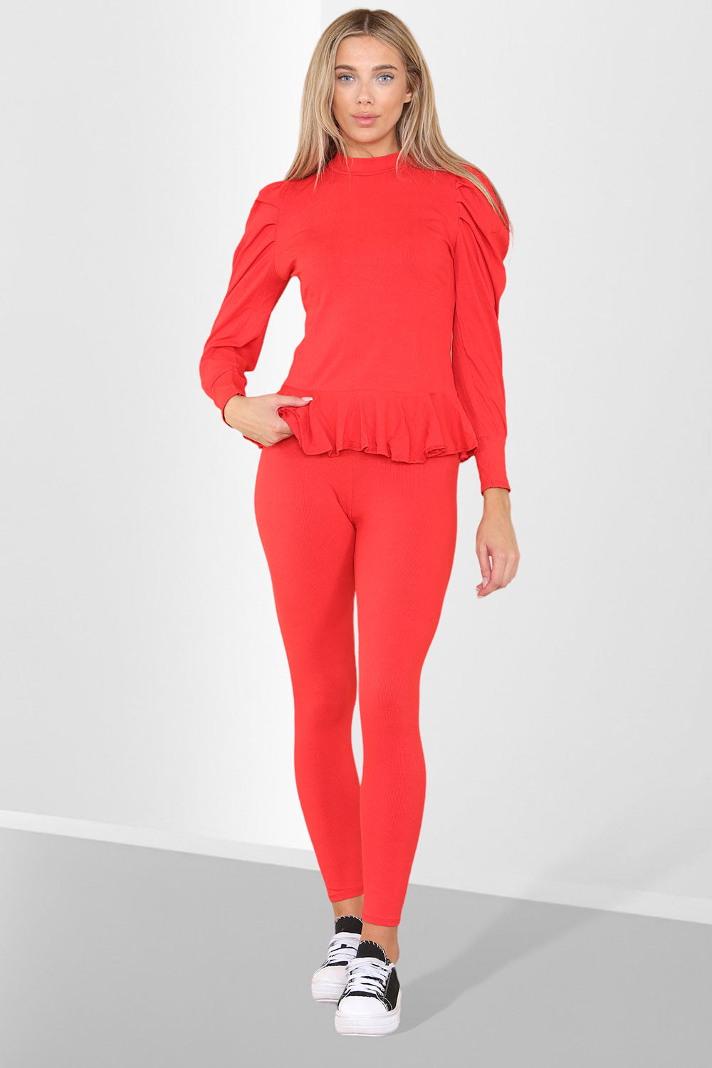 Puff Sleeves Set Frill Hem Peplum Ribbed Lounge Wear Suit 🇬🇧