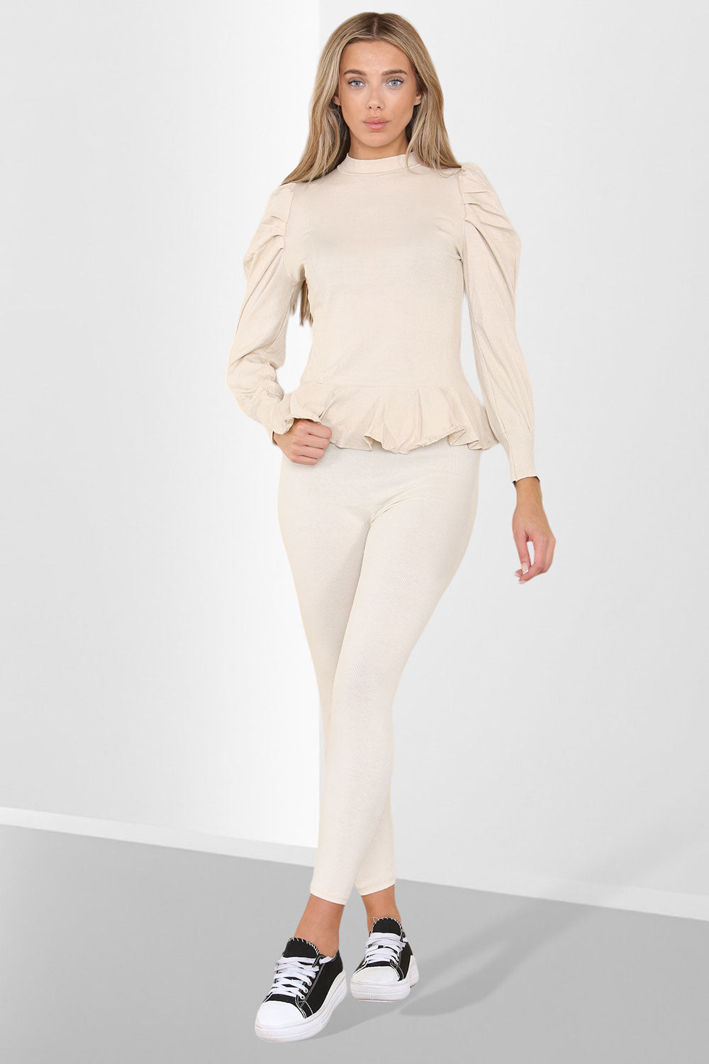 Puff Sleeves Set Frill Hem Peplum Ribbed Lounge Wear Suit 🇬🇧