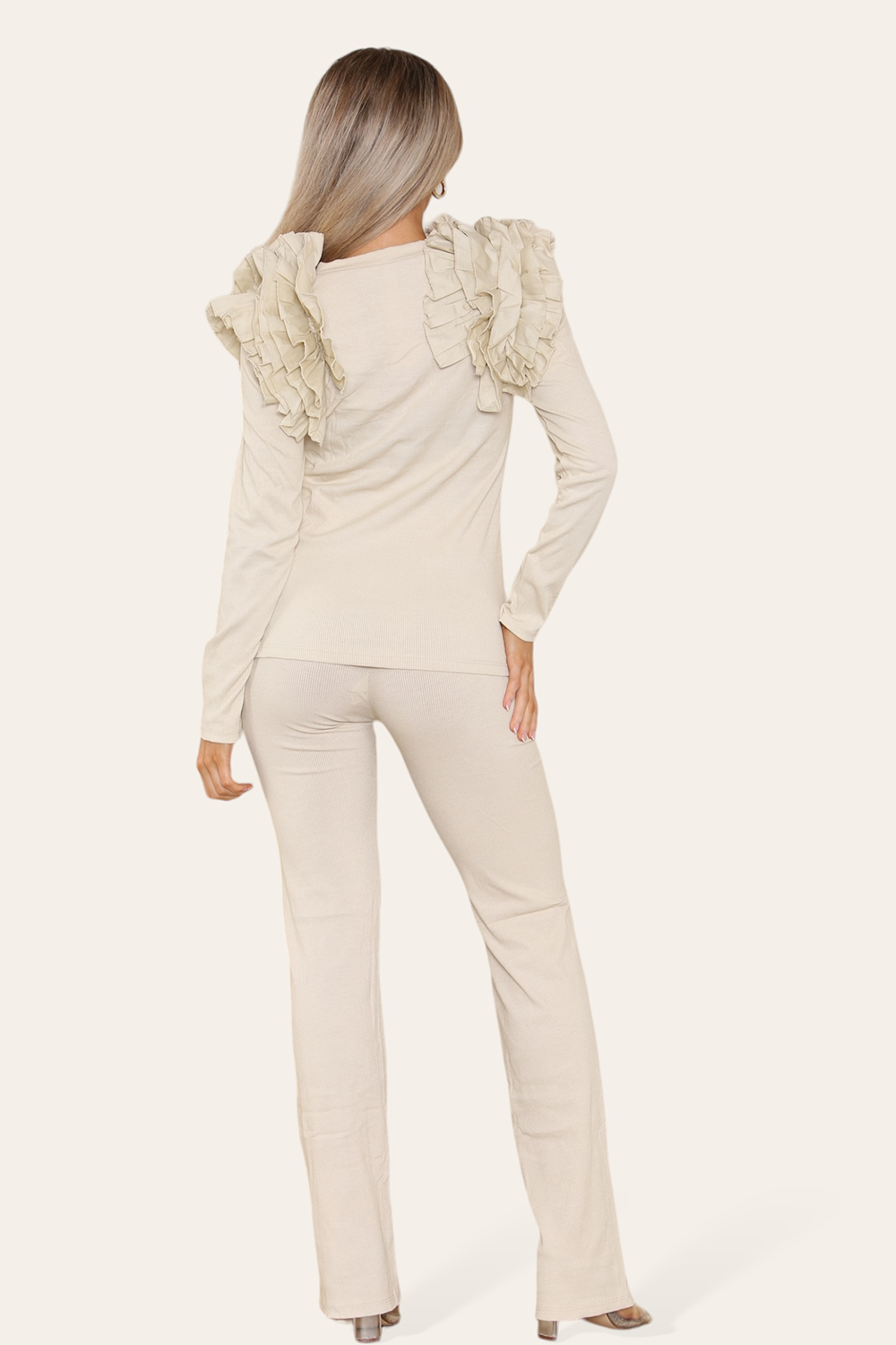 Ruffle Frill Shoulder Ribbed Loungewear Co-Ord Top & Trouser Set 🇬🇧