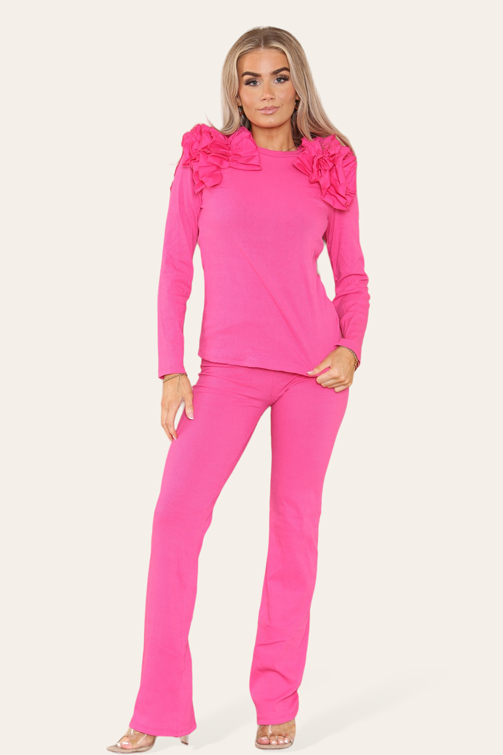 Ruffle Frill Shoulder Ribbed Loungewear Co-Ord Top & Trouser Set 🇬🇧