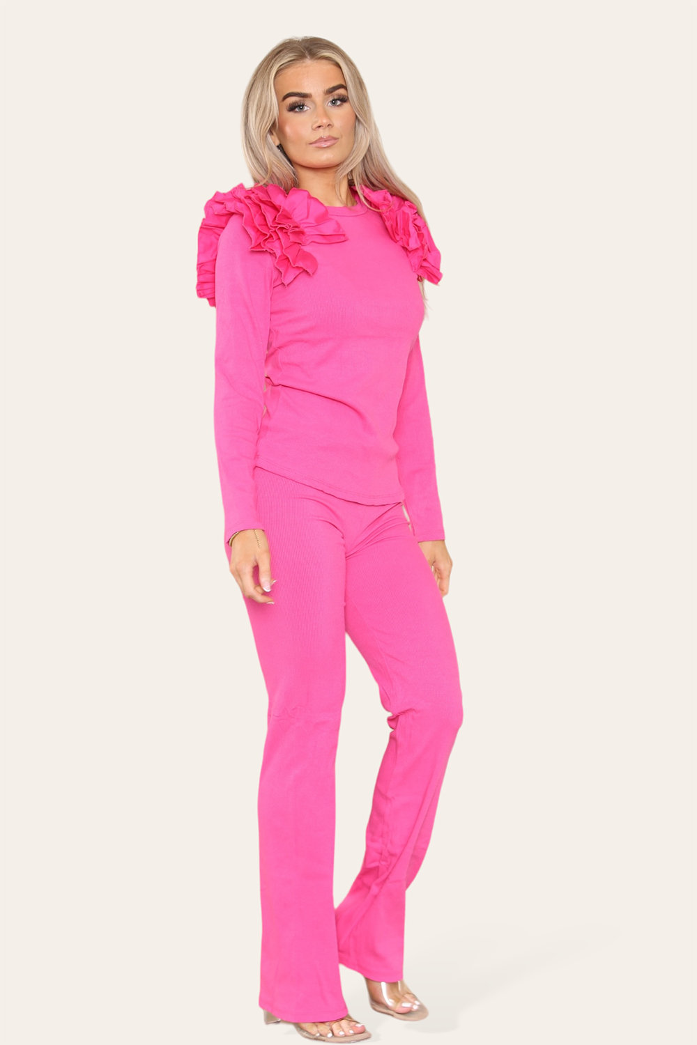 Ruffle Frill Shoulder Ribbed Loungewear Co-Ord Top & Trouser Set 🇬🇧