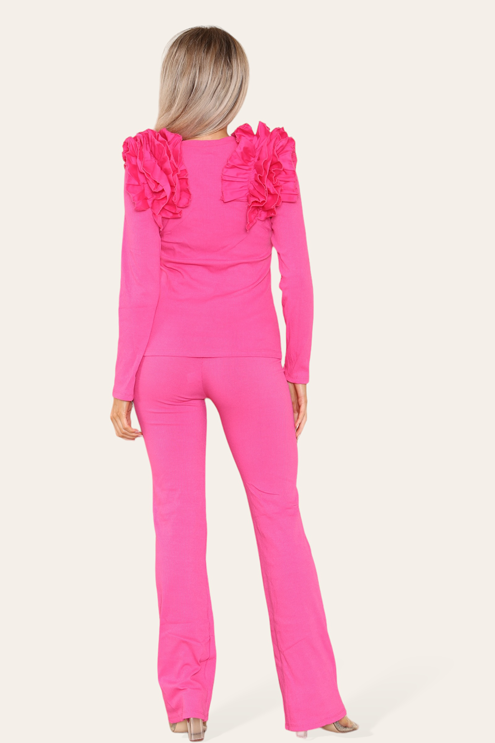 Ruffle Frill Shoulder Ribbed Loungewear Co-Ord Top & Trouser Set 🇬🇧