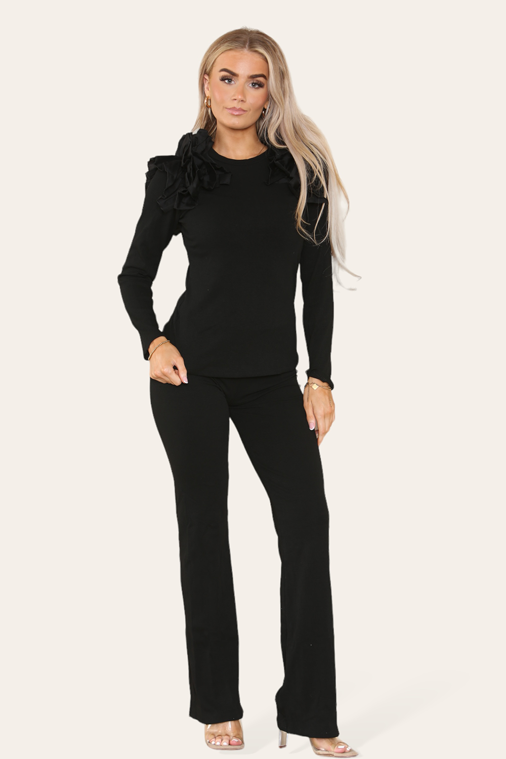 Ruffle Frill Shoulder Ribbed Loungewear Co-Ord Top & Trouser Set 🇬🇧