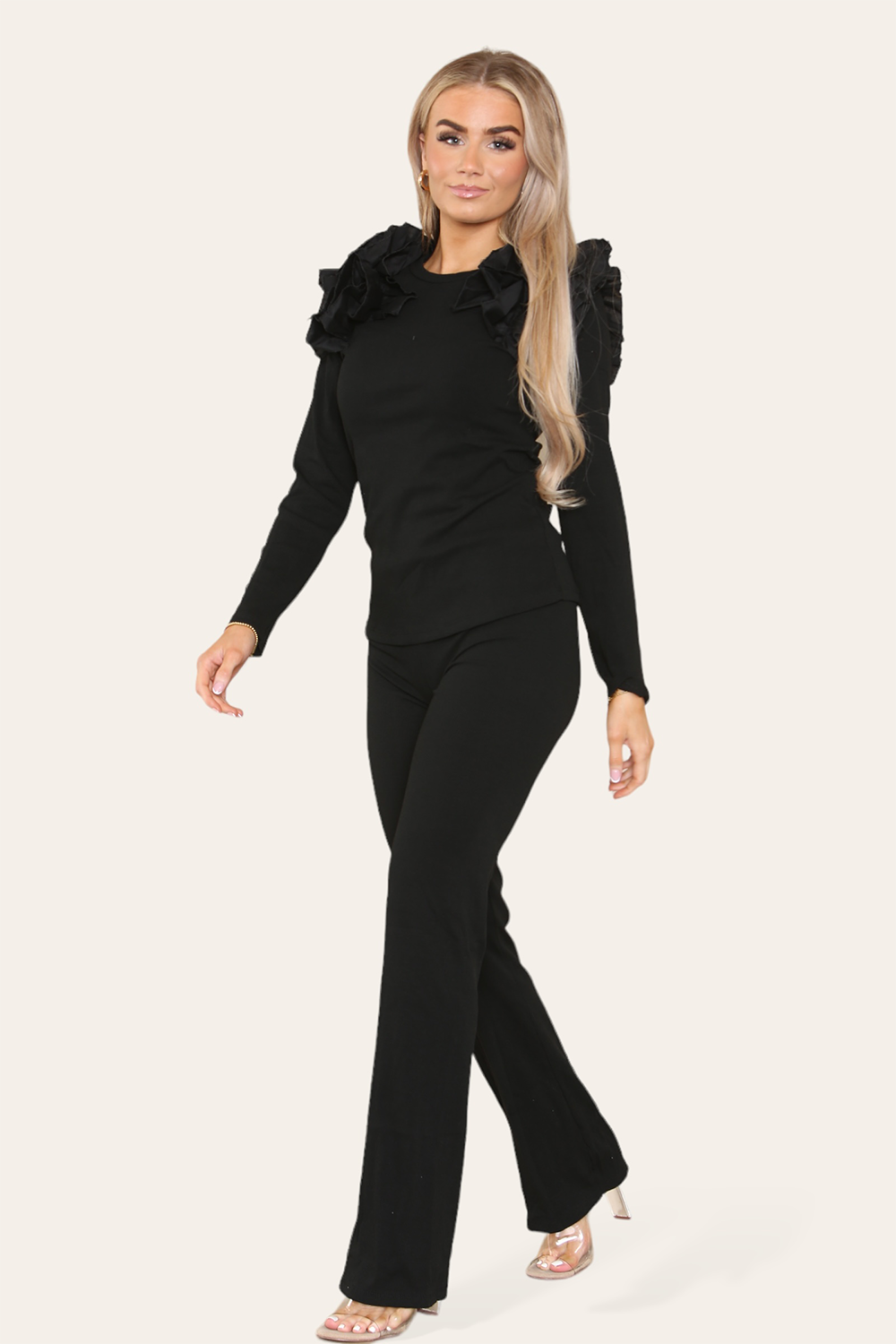 Ruffle Frill Shoulder Ribbed Loungewear Co-Ord Top & Trouser Set 🇬🇧
