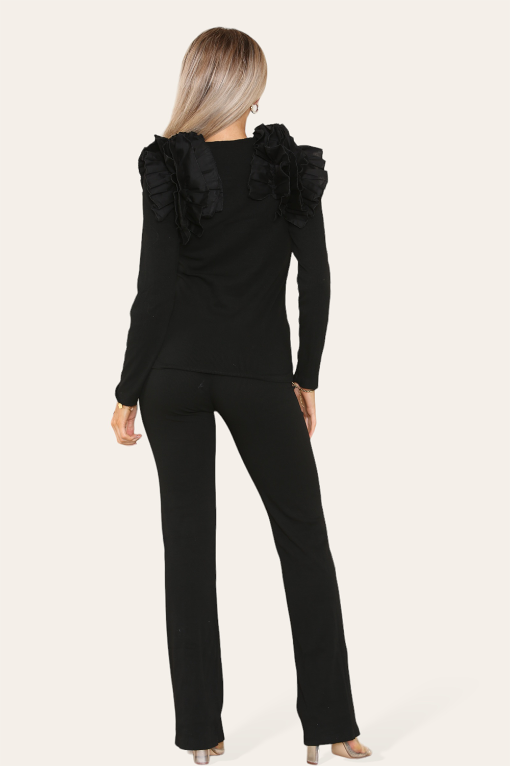 Ruffle Frill Shoulder Ribbed Loungewear Co-Ord Top & Trouser Set 🇬🇧