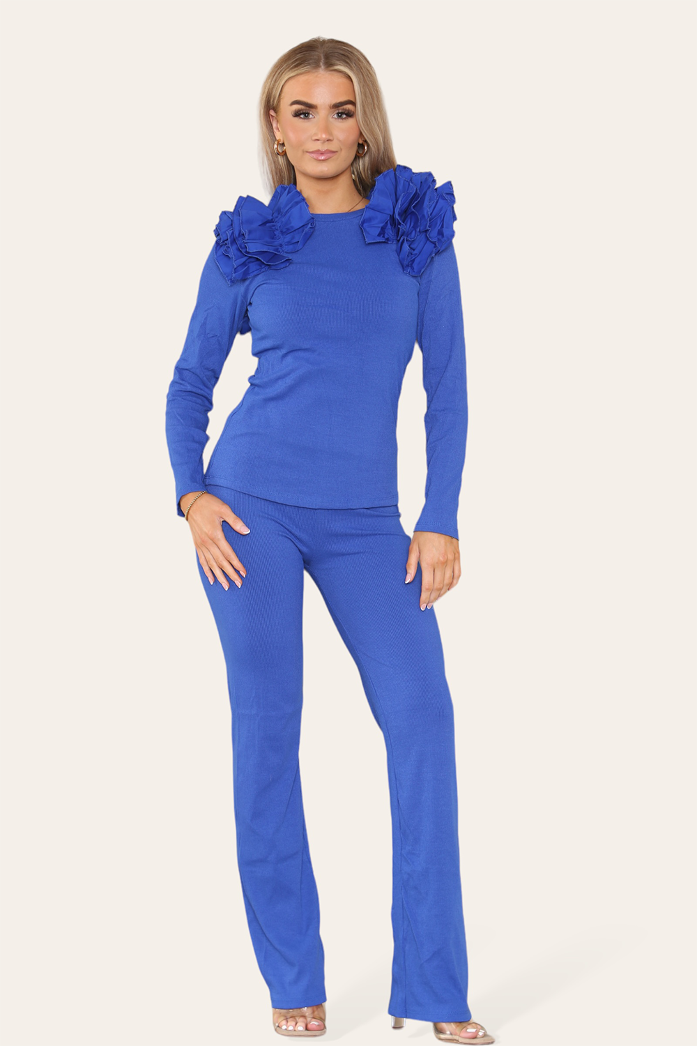 Ruffle Frill Shoulder Ribbed Loungewear Co-Ord Top & Trouser Set 🇬🇧