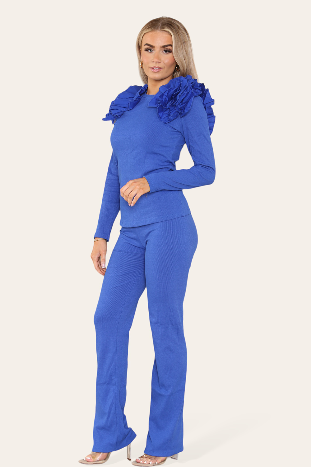 Ruffle Frill Shoulder Ribbed Loungewear Co-Ord Top & Trouser Set 🇬🇧