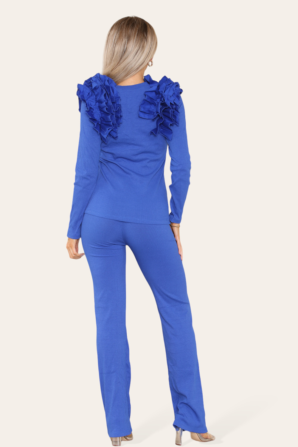 Ruffle Frill Shoulder Ribbed Loungewear Co-Ord Top & Trouser Set 🇬🇧
