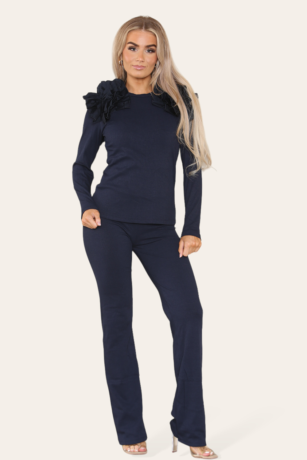 Ruffle Frill Shoulder Ribbed Loungewear Co-Ord Top & Trouser Set 🇬🇧