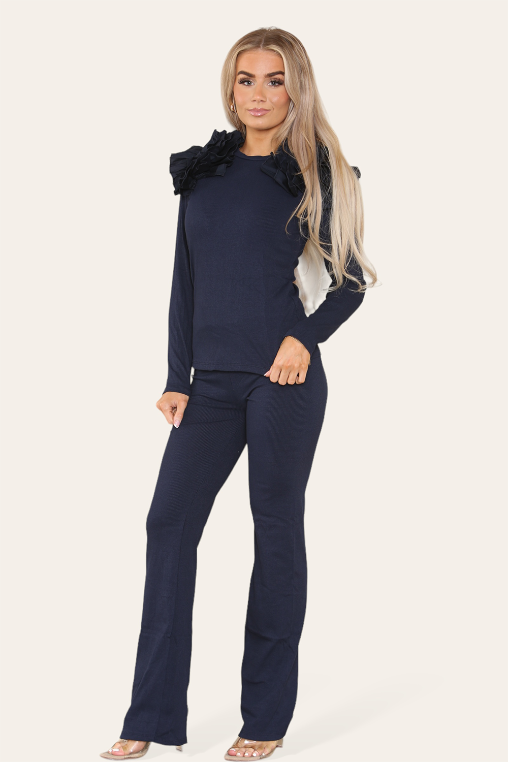 Ruffle Frill Shoulder Ribbed Loungewear Co-Ord Top & Trouser Set 🇬🇧