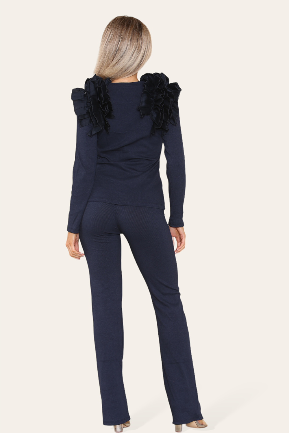 Ruffle Frill Shoulder Ribbed Loungewear Co-Ord Top & Trouser Set 🇬🇧