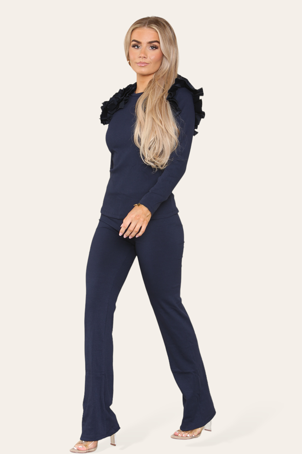 Ruffle Frill Shoulder Ribbed Loungewear Co-Ord Top & Trouser Set 🇬🇧