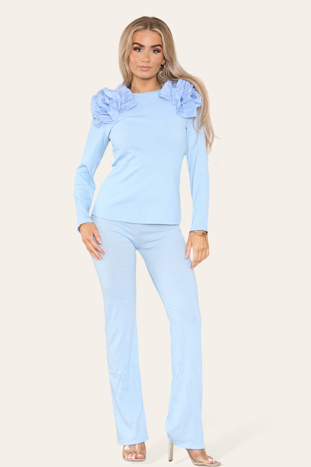 Ruffle Frill Shoulder Ribbed Loungewear Co-Ord Top & Trouser Set 🇬🇧