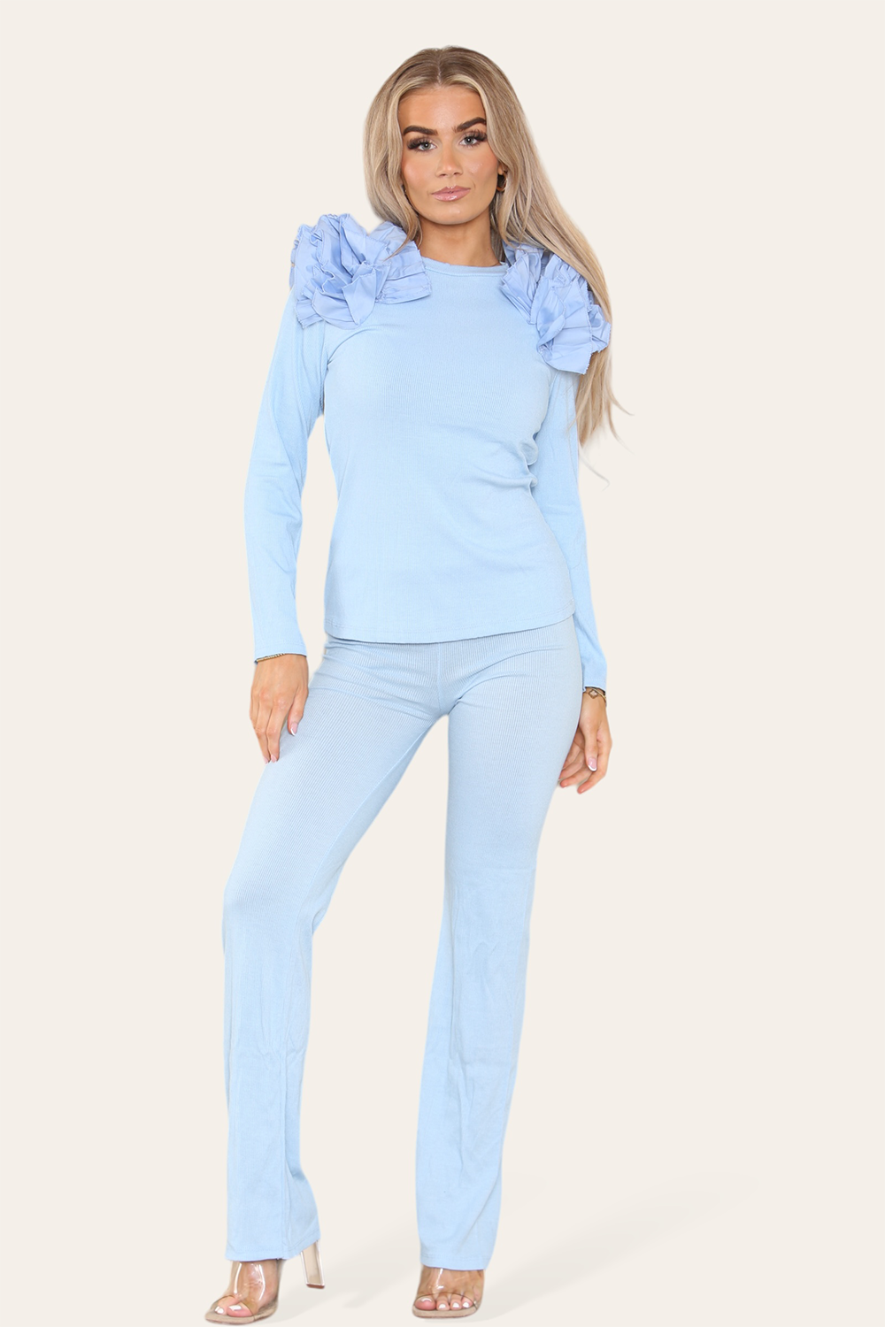 Ruffle Frill Shoulder Ribbed Loungewear Co-Ord Top & Trouser Set 🇬🇧