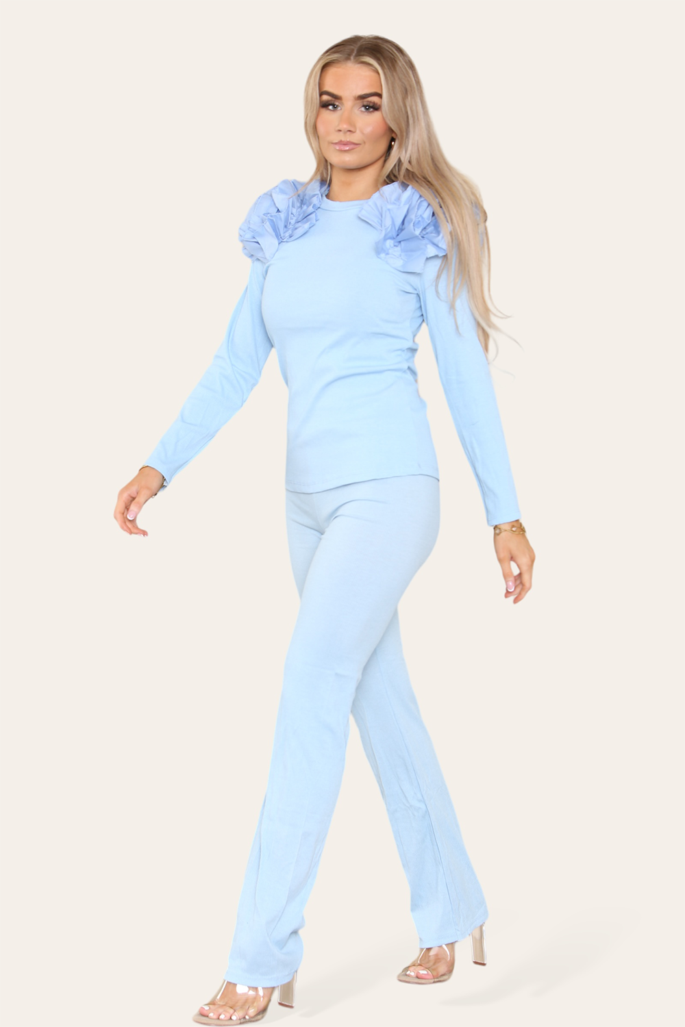 Ruffle Frill Shoulder Ribbed Loungewear Co-Ord Top & Trouser Set 🇬🇧