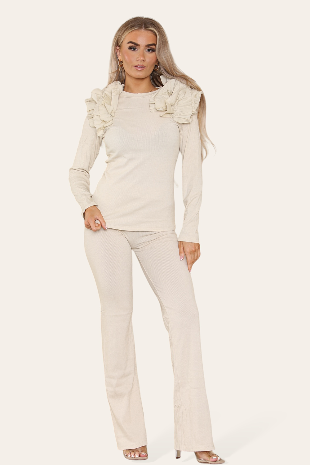 Ruffle Frill Shoulder Ribbed Loungewear Co-Ord Top & Trouser Set 🇬🇧