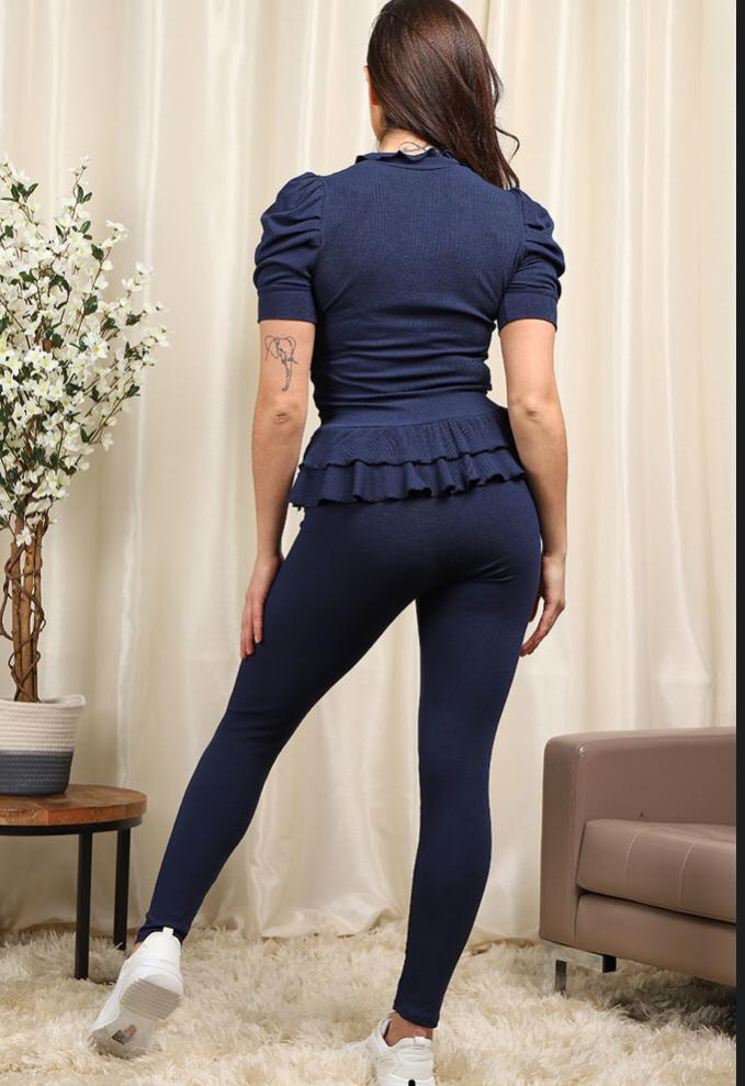 Short Sleeves Two Piece Suit with Ribbed Legging Co-Ord Top Gold Button Frill Hem Peplum Ribbed Lounge Set 🇬🇧