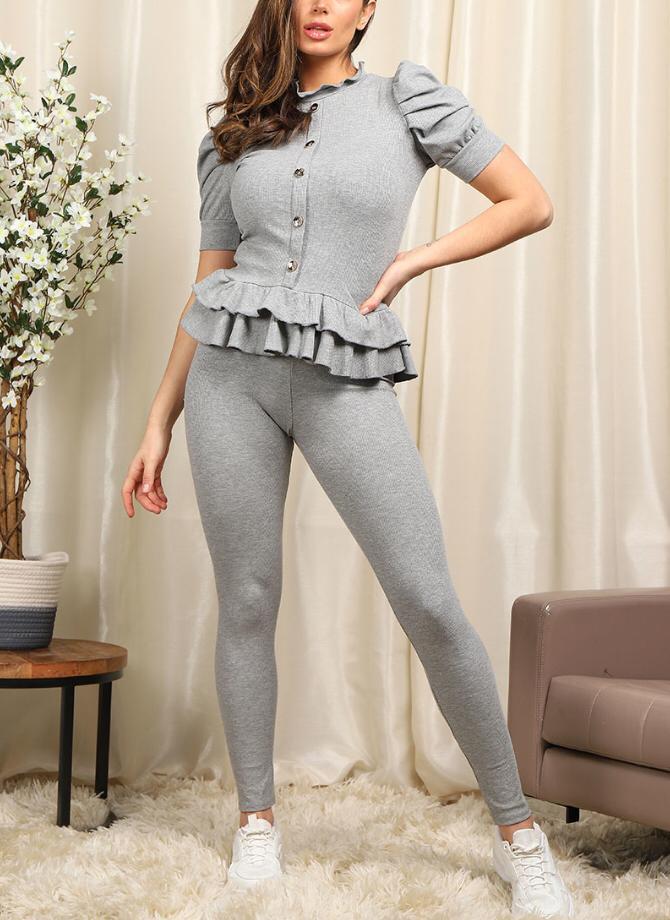 Short Sleeves Two Piece Suit with Ribbed Legging Co-Ord Top Gold Button Frill Hem Peplum Ribbed Lounge Set 🇬🇧