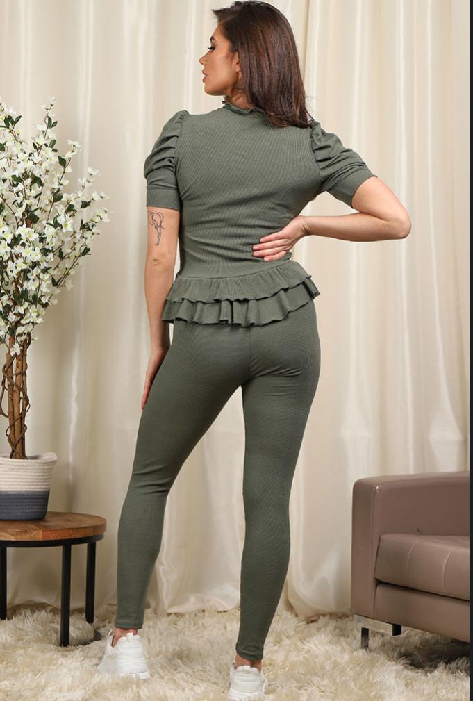 Short Sleeves Two Piece Suit with Ribbed Legging Co-Ord Top Gold Button Frill Hem Peplum Ribbed Lounge Set 🇬🇧